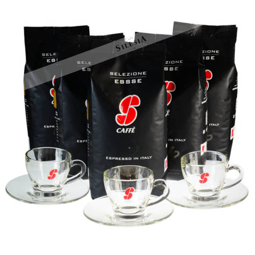 Zestaw promocyjny 5kg kawy Essse Selezione ESSSE ziarnista + 3 szklane filiżanki CAPPUCCINO Essse 170ml