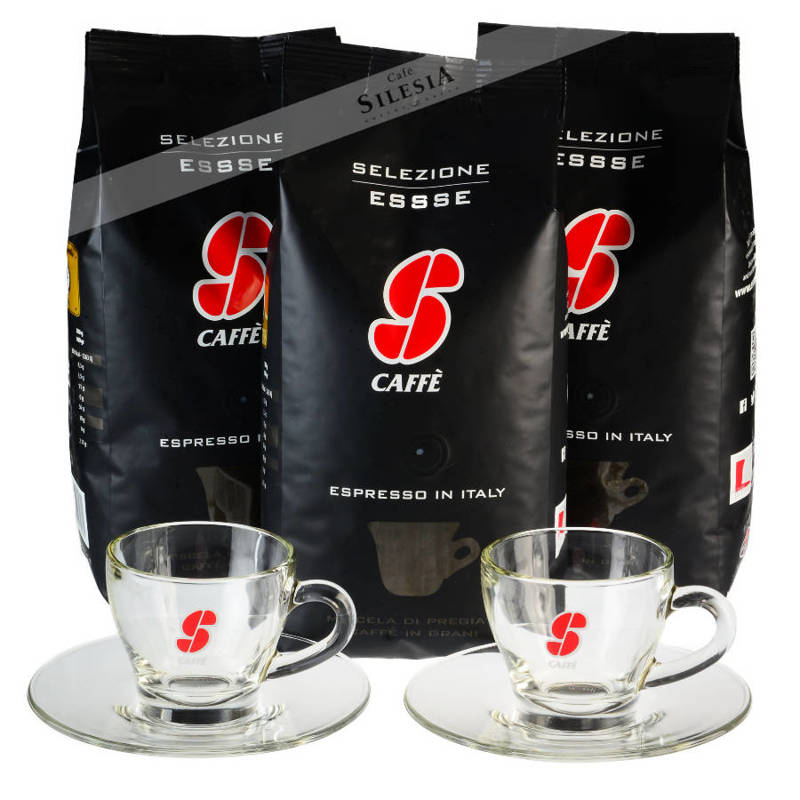 Zestaw promocyjny 3kg kawy Essse Selezione ESSSE ziarnista +  2 szklane filiżanki CAPPUCCINO Essse 170ml