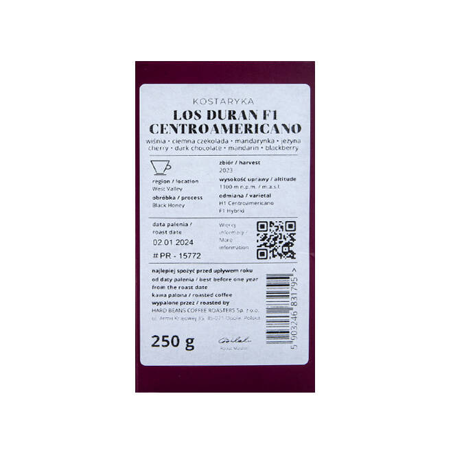 kawa ziarnista Hard Beans KOSTARYKA Los Duran F1 250g PRZELEW